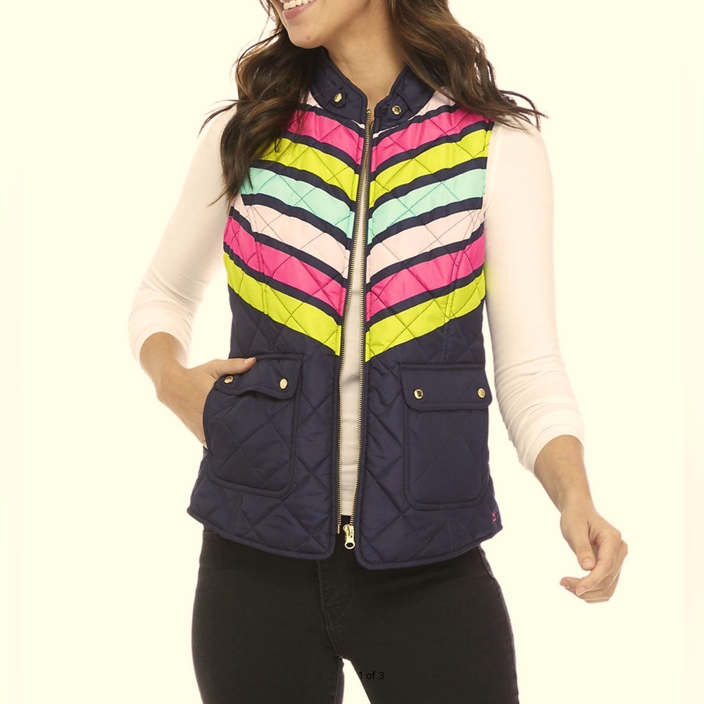 NWT Womens Navy Stripe Quilted Vest Puffer Pink Green Vest